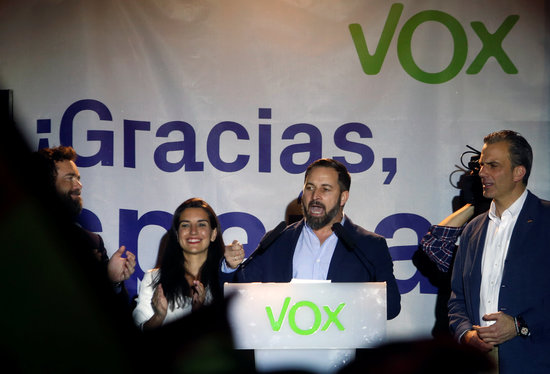 Vox leader Santiago Abascal speaks after April 28 election results (by Reuters)